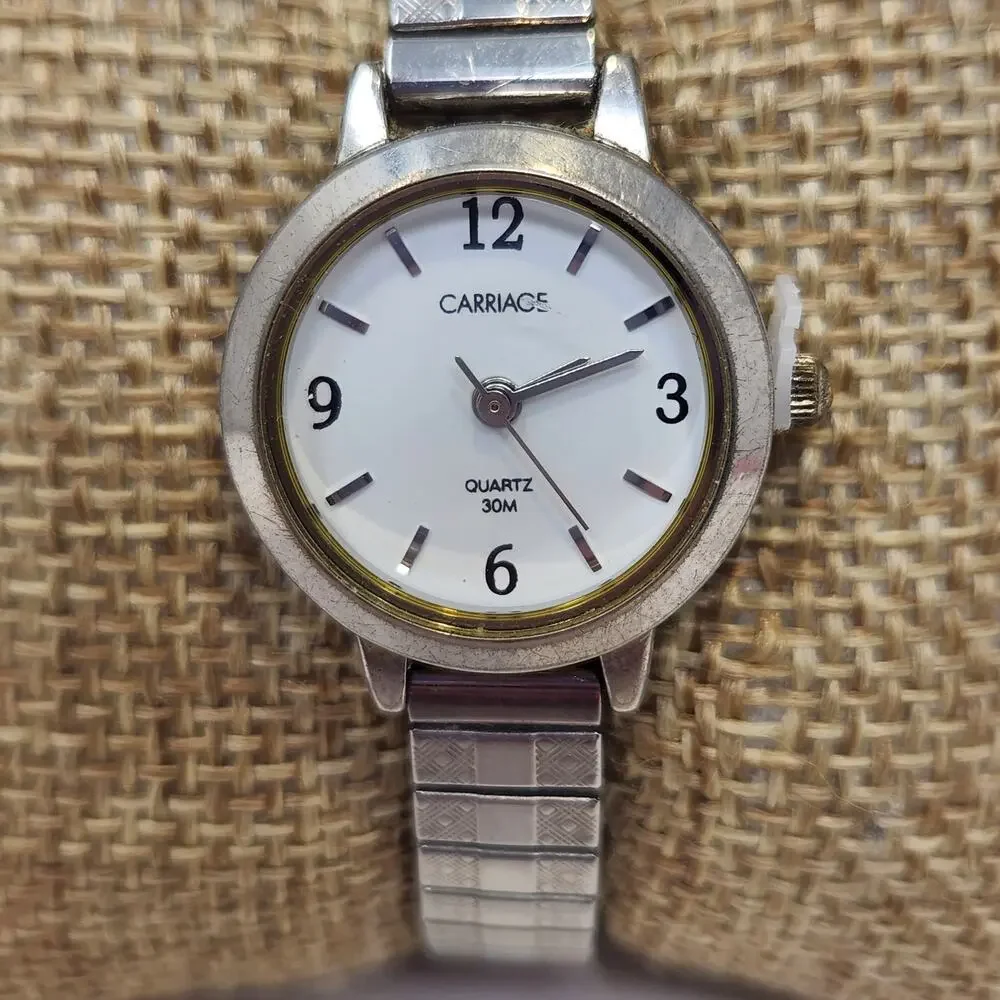 Carriage by Timex Ladies Silver Tone Stretch Band Watch Wristwatch Round Works.